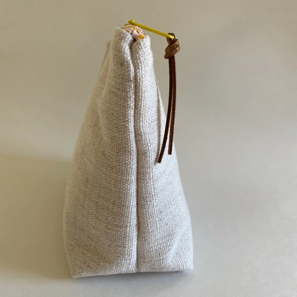 Honeybee Linen Cosmetic Bag Yellow Checkered Lining‎ Makeup Pouch Cottagecore